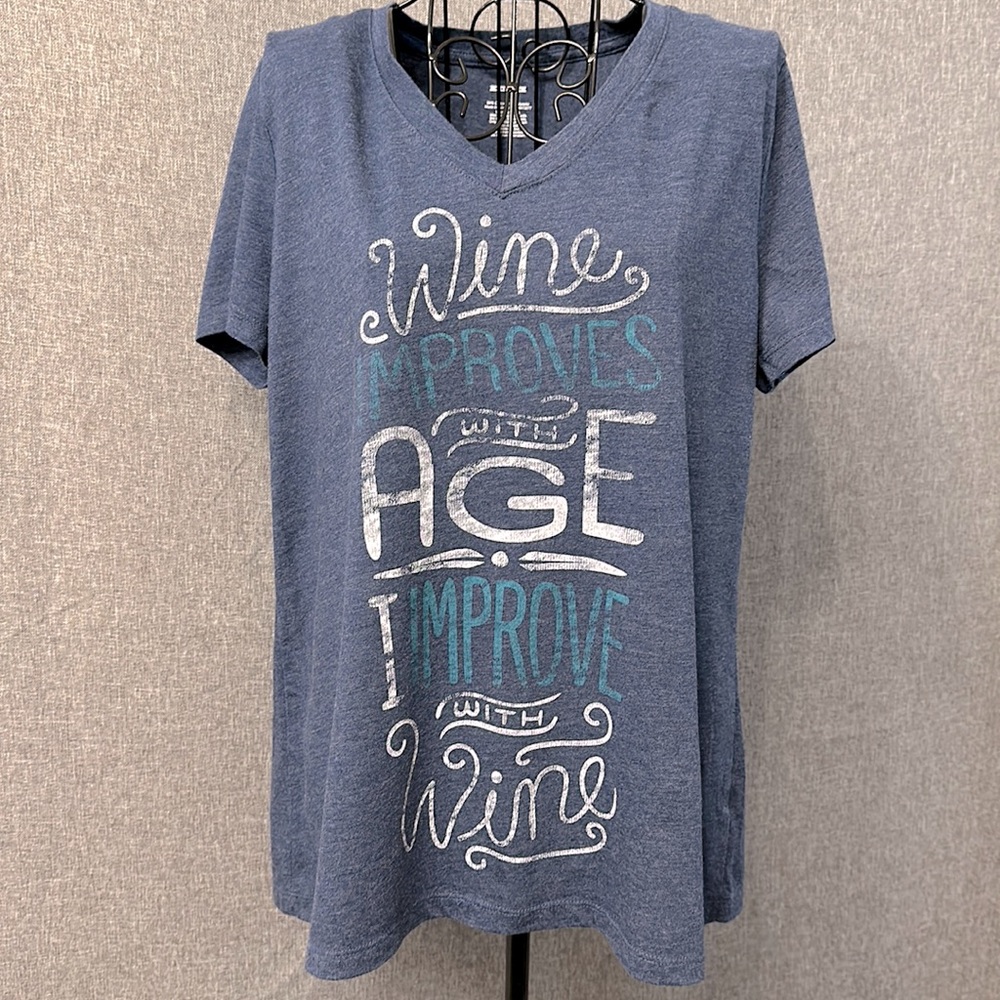 “Wine Improves with Age, I Improve with Wine” Short Sleeve Graphic Tee- size L